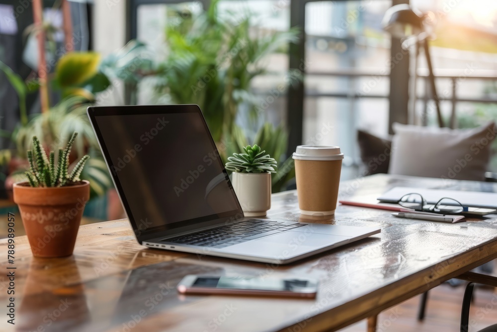 Fototapeta premium laptop and coffee in a table at a Cafe , freelancer, working remotely