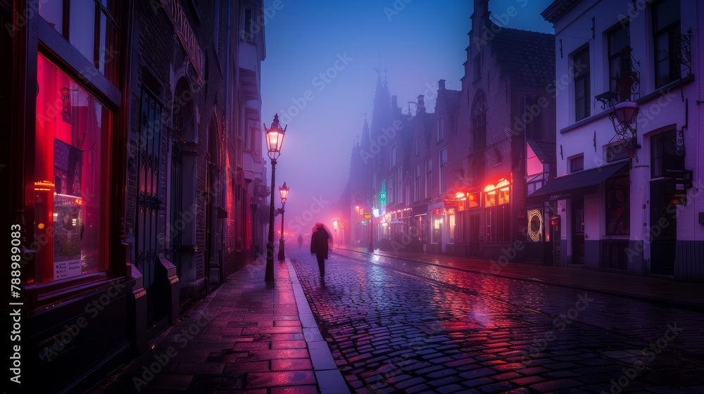 Cobblestone street in an old town during a foggy night with ambient lighting, Bruges, Belgium