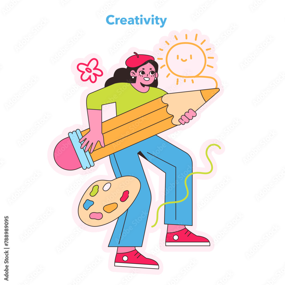 An artist caught in a moment of creative bliss, painting a sunny disposition with vibrant colors. Vector illustration. An artist caught in a moment of creative bliss, painting a sunny disposition with vibrant colors. Vector illustration.