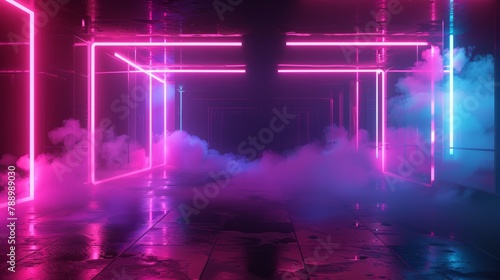Empty dark space with neon lights and mist, 3D Rendering