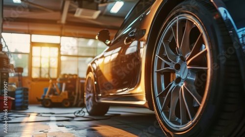 Car undergoing maintenance in an auto repair shop, automotive industry