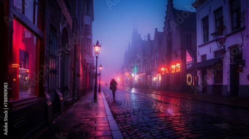 Cobblestone street in an old town during a foggy night with ambient lighting, Bruges, Belgium