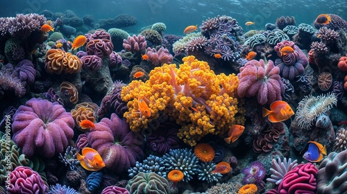 Coral ecosystem underwater image with sea anemones of vivid colors