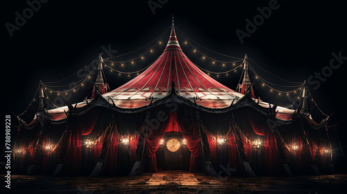 A large circus tent with lights hanging from the top