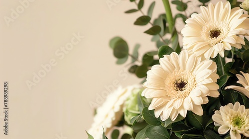 Isolated condolence flowers, ample copyspace on side, subdued lighting