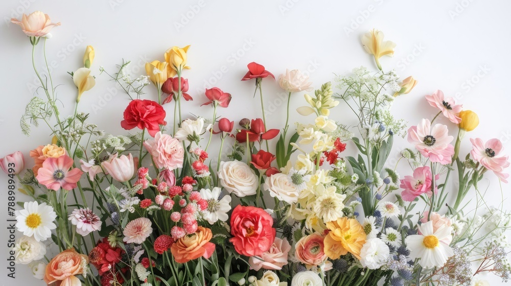 A stunning flat lay showcasing a vibrant array of springtime flowers like gillyflower carnation rose daisy and tulips against a crisp white background This floral arrangement captures the e