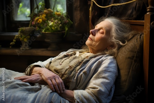 Senior woman of German origin asleep in a cozy bed and breakfast in the countryside, embodying Sleep Tourism.
