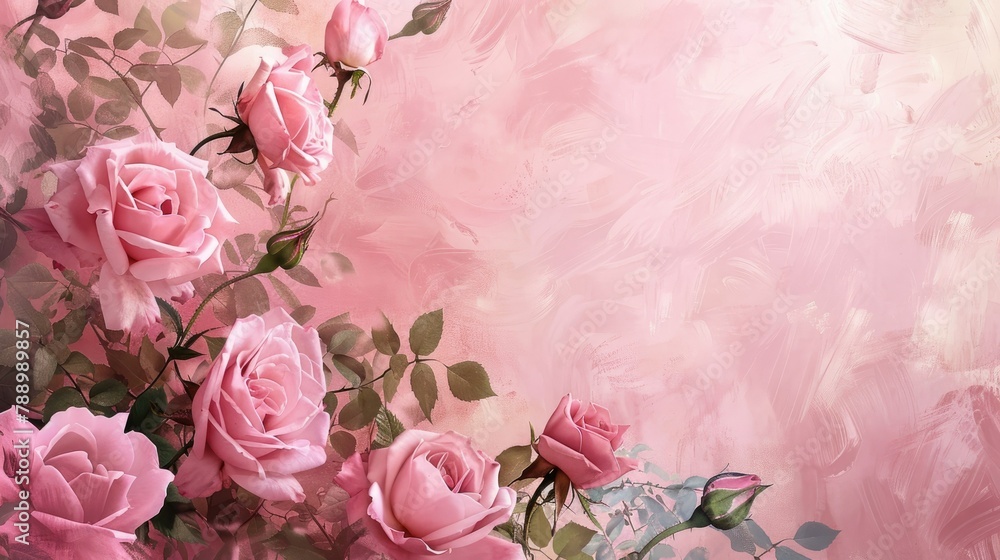 A delicate feminine background adorned with pink roses providing a perfect canvas Ideal for celebrating occasions like Mother s Day Women s Day Valentine s Day and birthdays with ample copy A delicate feminine background adorned with pink roses providing a perfect canvas Ideal for celebrating occasions like Mother s Day Women s Day Valentine s Day and birthdays with ample copy
