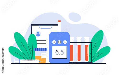 Diabetes equipment concept. Diabetic test for blood sugar level. Diabetes exam results, medications and treatment. Isolated vector illustration in cartoon style