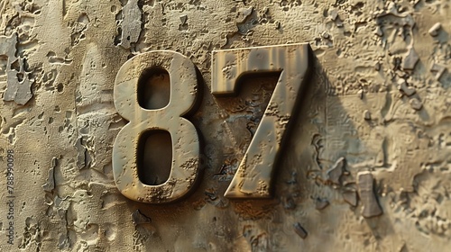 House number numerals on a concrete wall Number 87 decorative types close up no people : Generative AI