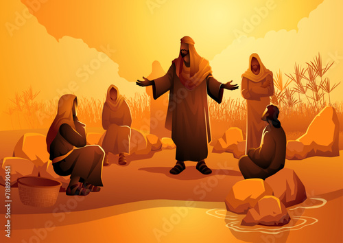 Biblical vector illustration series, Paul and his companions meet Lydia in Philippi while spreading Christ's message. Lydia converts and warmly hosts them and fellow believers