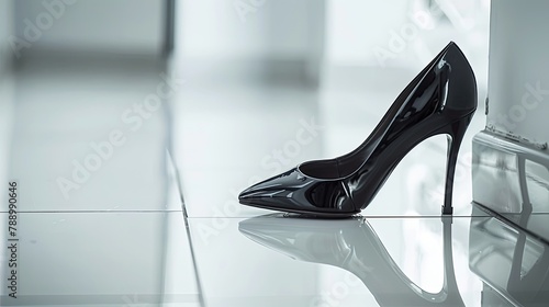 Elegant glossy black stiletto heels on a glossy white floor