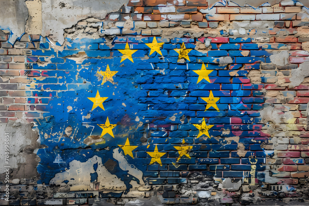 Fototapeta premium graffiti on brick wall flag of european union