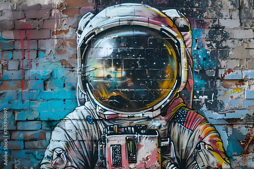 Naklejka premium graffiti on the wall with astronaout