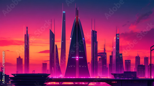 Cyberpunk Futuristic City panorama .Future Fiction with neon signs and lights. Cyberpunk city with futuristic buildings. photo
