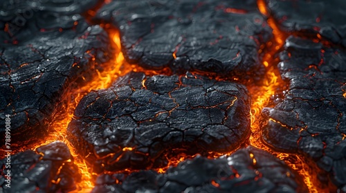 Glowing Lava Cracks on Dark Volcanic Surface - Hot Magma Background for Extreme Nature Concept