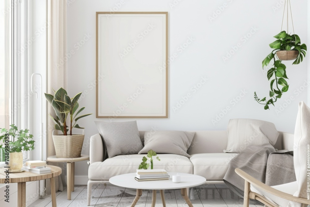 Scandinavian style living room with poster mockup created with generative ai Scandinavian style living room with poster mockup created with generative ai