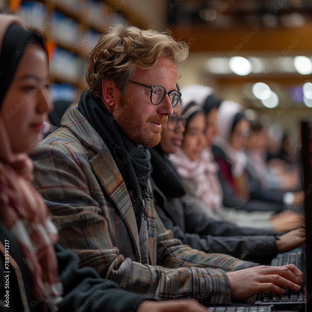 Group of Diverse Individuals Focused on Their Computers in a Library Setting Group of Diverse Individuals Focused on Their Computers in a Library Setting