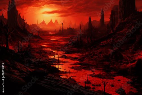 Red tinted river by copper on the ground. Sunset on a hot dry landscape.