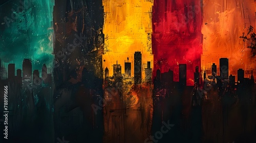 Vibrant Abstract Cityscape, Dynamic Textured Painting with Green, Yellow, Red Streaks and Silhouette Skyline