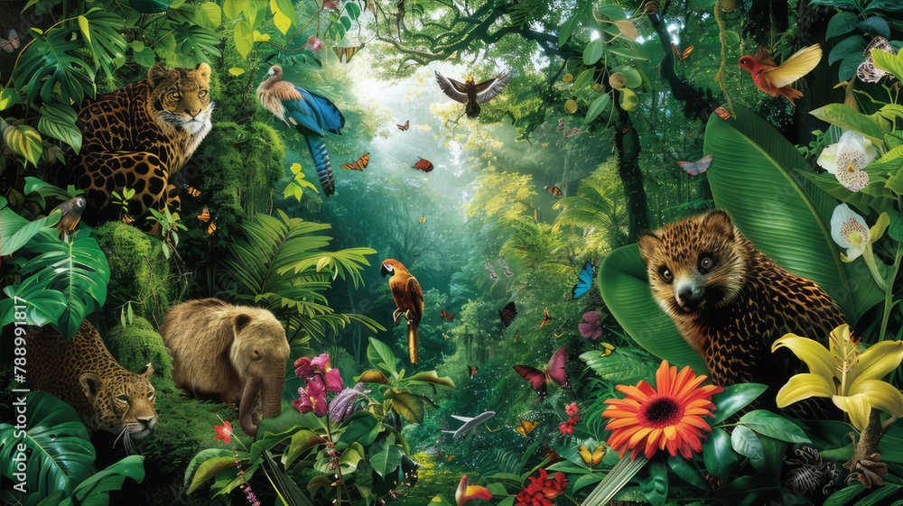 Fototapeta premium A painting of a jungle with big cats, trees, and lush vegetation