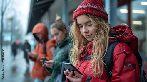 Friends using smartphone in the street.