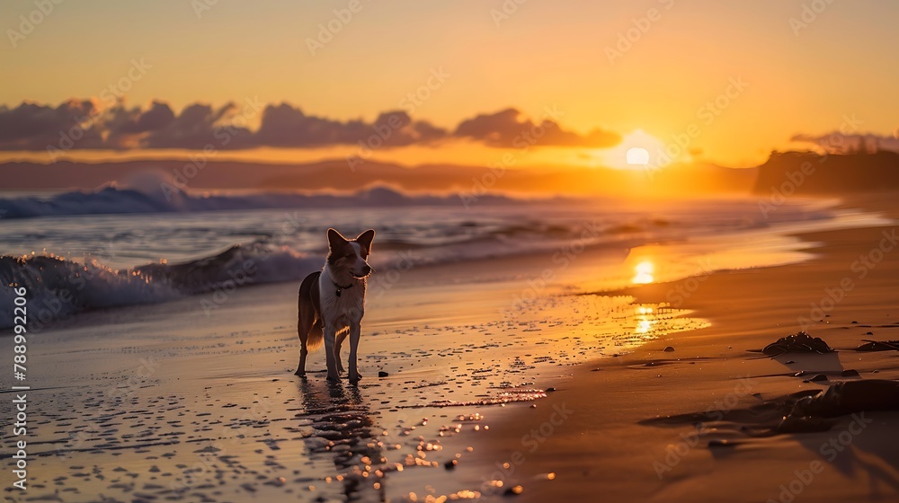 A border collie at a dog friendly beach at North Wollongong during sunrise A border collie at a dog friendly beach at North Wollongong during sunrise