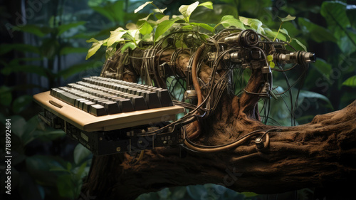 A bonsai plant, Sageretia theezans, is emerging from a computer keyboard photo