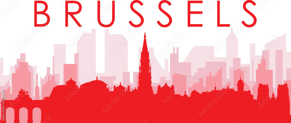 Red panoramic city skyline poster with reddish misty transparent background buildings of BRUSSELS, BELGIUM