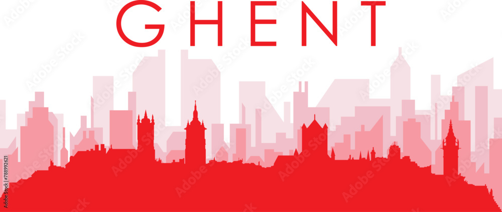 Red panoramic city skyline poster with reddish misty transparent background buildings of GHENT, BELGIUM Red panoramic city skyline poster with reddish misty transparent background buildings of GHENT, BELGIUM