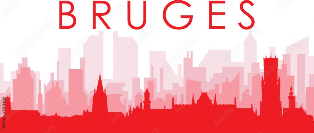Red panoramic city skyline poster with reddish misty transparent background buildings of BRUGES, BELGIUM