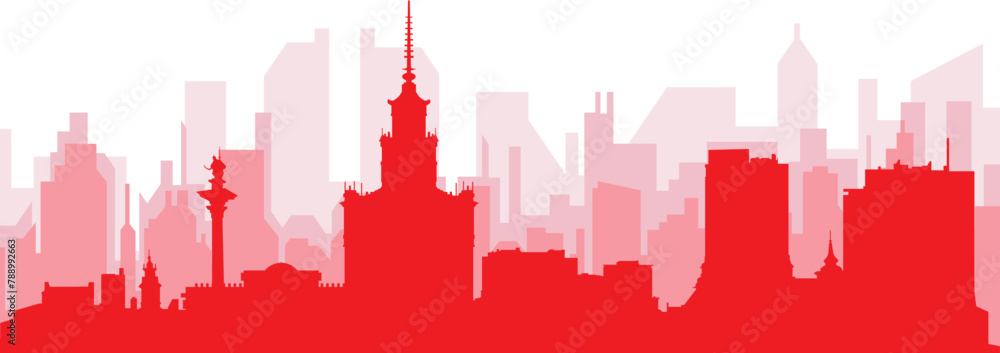 Red panoramic city skyline poster with reddish misty transparent background buildings of WARSAW, POLAND