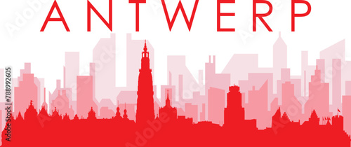 Red panoramic city skyline poster with reddish misty transparent background buildings of ANTWERP, BELGIUM
