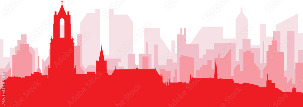 Red panoramic city skyline poster with reddish misty transparent background buildings of UTRECHT, NETHERLANDS