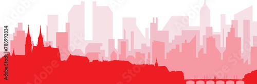 Red panoramic city skyline poster with reddish misty transparent background buildings of BASEL  SWITZERLAND