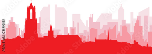 Red panoramic city skyline poster with reddish misty transparent background buildings of UTRECHT, NETHERLANDS