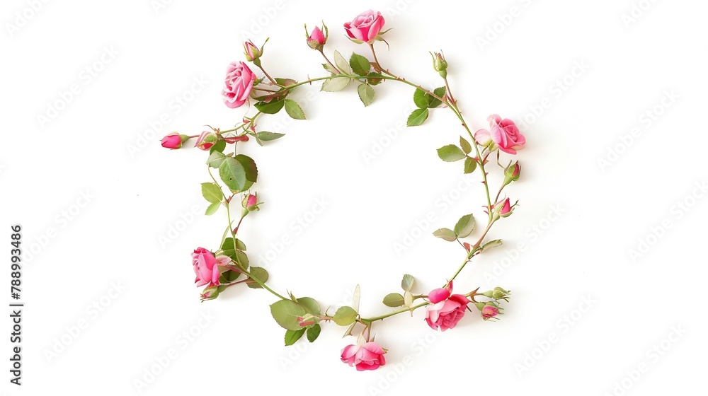 round frame wreath pattern with roses pink flower buds branches and leaves isolated on white background flat lay top view : Generative AI