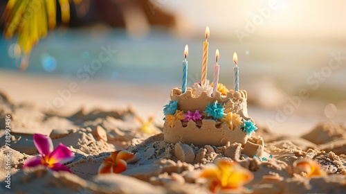 Fototapeta Naklejka Na Ścianę i Meble -  A sandcastle birthday cake with candle and lei on a tropical vacation beach paradise