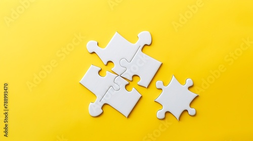 Top view photo of a white jigsaw puzzle over yellow background use for Flat lay top view mockup item concept : Generative AI