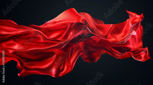A red fabric is shown in a black background. The red fabric is flowing and he is in motion. Scene is one of elegance and grace, as the red fabric is draped. silk floating in the air