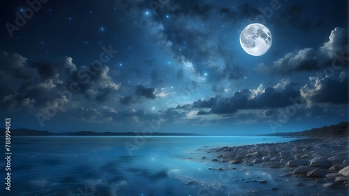 Romantic Moon Over Sparkling Blue Water With Clouds And A Starry Sky