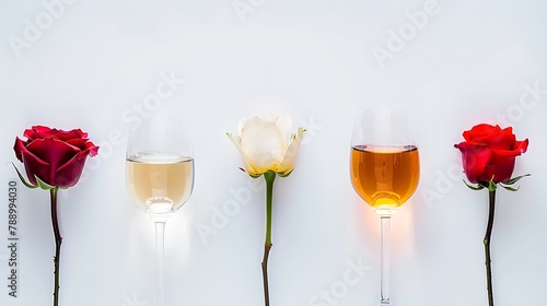 Flatlay of red rose and white wine in glasses on white background Wine bar winery wine degustation concept Minimalistic trendy photography banner : Generative AI photo