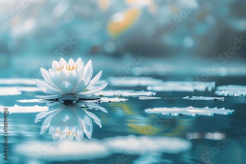 White lotus flower on mirror blue pond surface. Toned and filtered outdoors stock photo with reflection. .