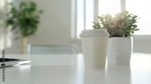 Close up view of simple workspace with laptop notebooks coffee cup and tree pot on white table with blurred office room background : Generative AI © Generative AI