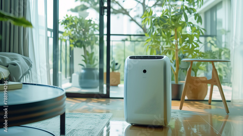 portable air conditioner in a room with plants, a coffee table and a sofa