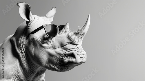 A rhino wearing sunglasses and a hat. The rhino is wearing sunglasses and a hat, giving it a cool and stylish appearance. rhino wearing sunglasses studio lighting white backdrop photo