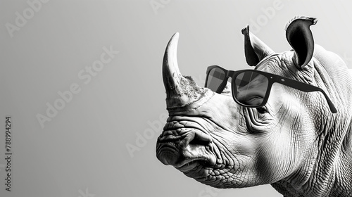 A rhino wearing sunglasses and a hat. The rhino is wearing sunglasses and a hat, giving it a cool and stylish appearance. rhino wearing sunglasses studio lighting white backdrop photo