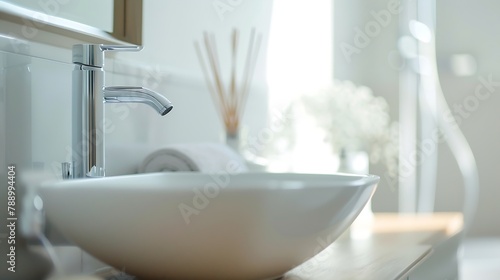 Close up of white sink standing on a wooden vanity unit in a white wall bathroom with a mirror and liquid soap Relaxation and self care concept   Generative AI