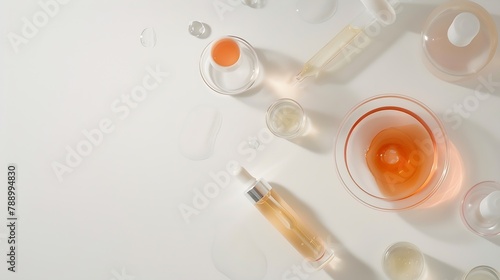 Cosmetic beauty concept with bottle serum drops and petri dish on white background top view flat lay : Generative AI