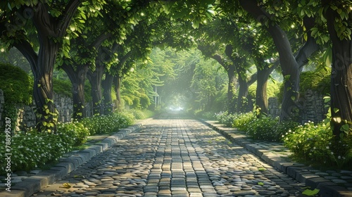 An illustration of a charming cobblestone path with leafy trees lining its sides